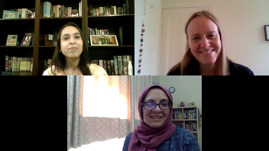 A screen capture from a video conference. It features three women participating in a virtual meeting. All participants appear engaged and are smiling.