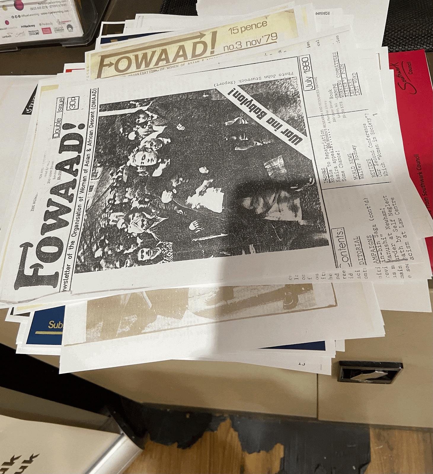 Photocopies of FOWAAD newsletter taken at the Feminist Library, London. Image Credit: Claudia Efemini (2024)