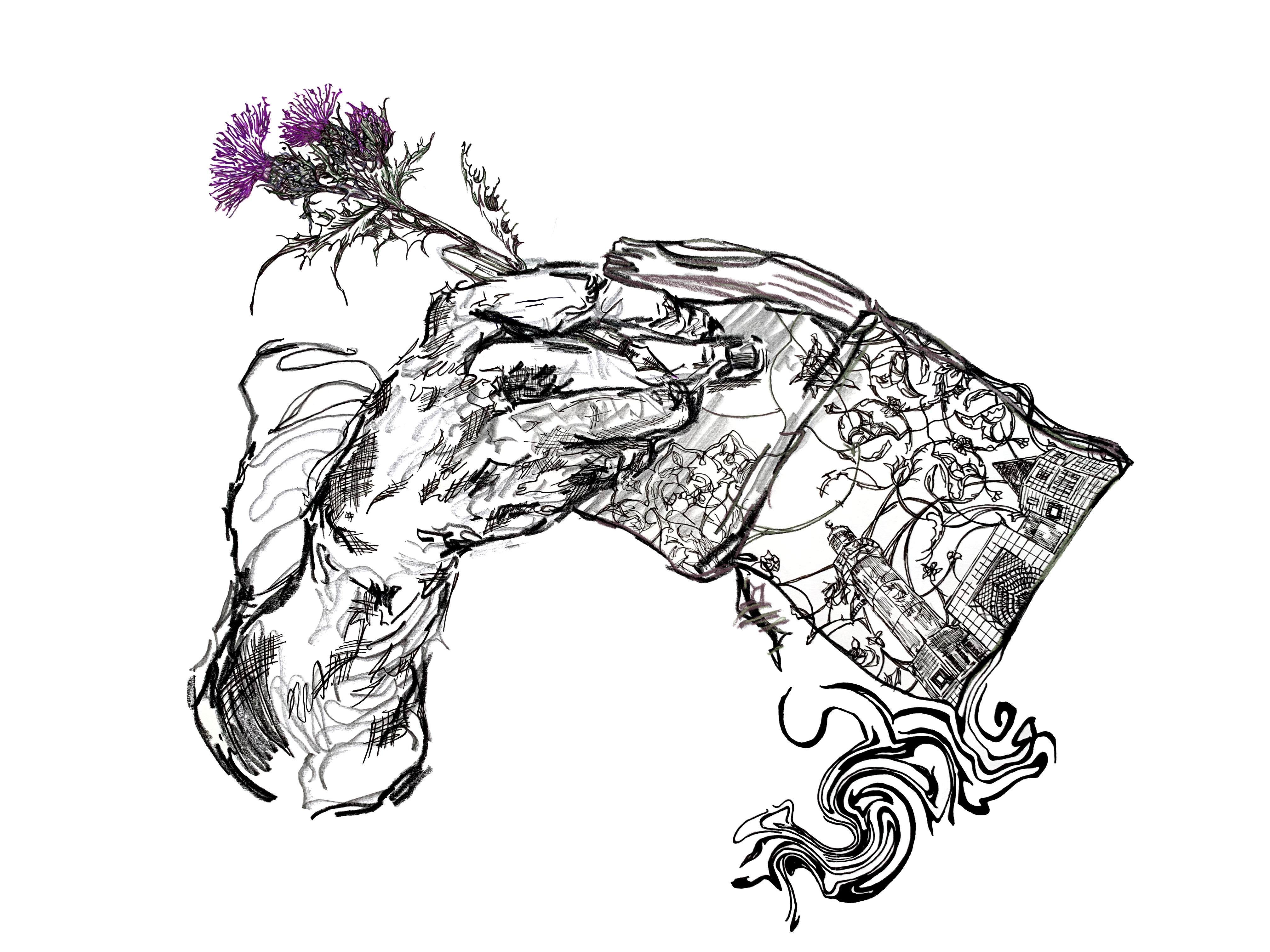 Drawing of a hand using a thistle as a pen whilst writing in a notebook.