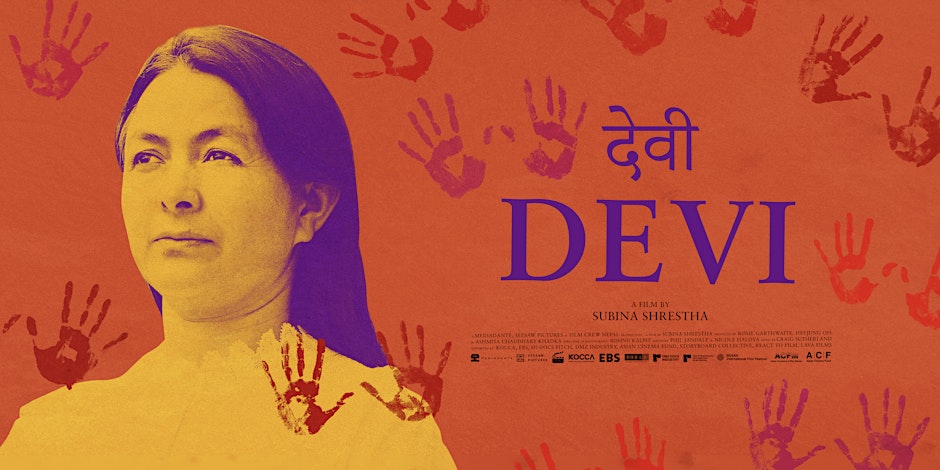 Poster for the film Devi, shows a photo of Devi Khadka on a red background with a design of hand prints.