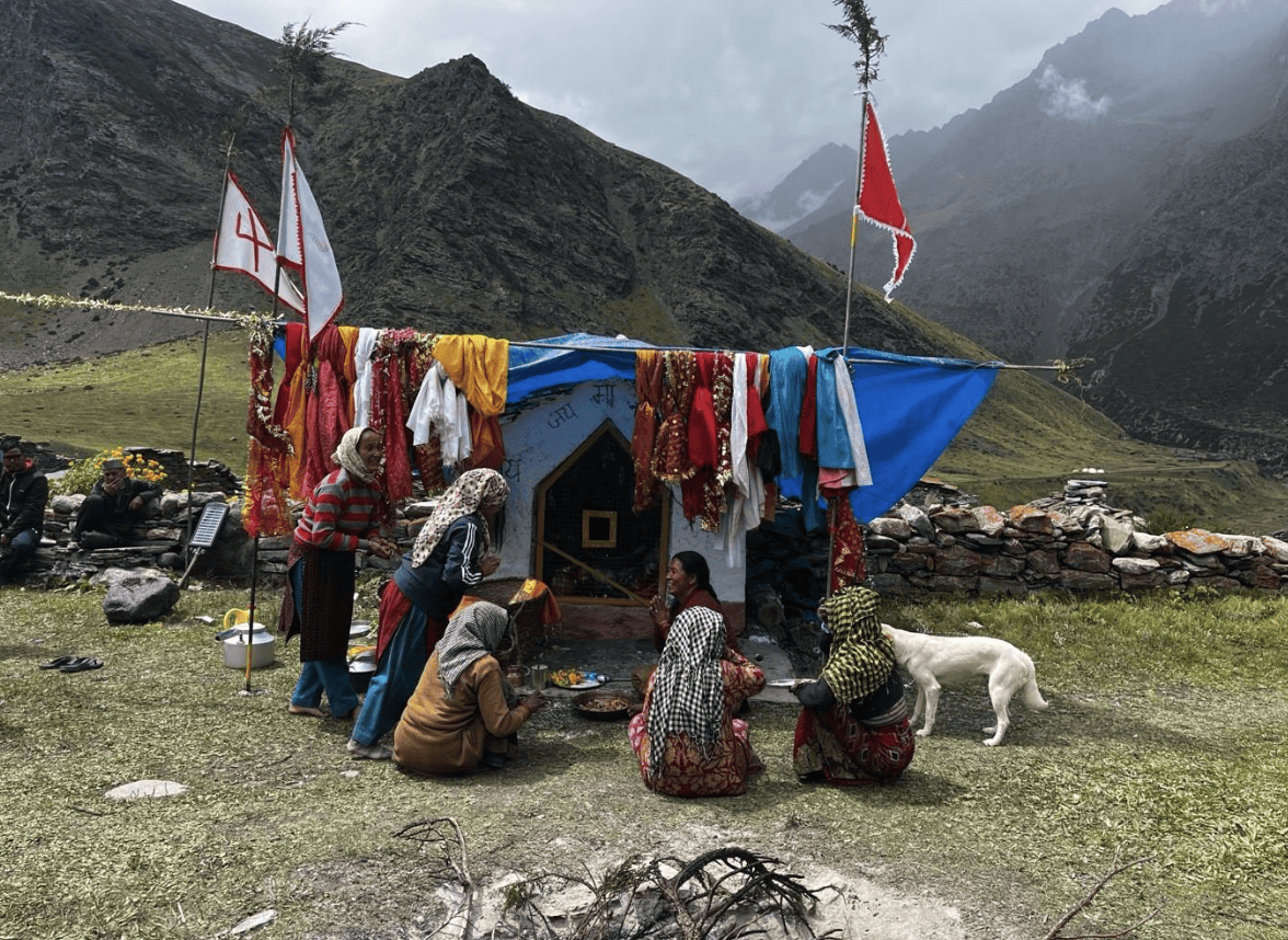 Women gathered in the village temple to pray.