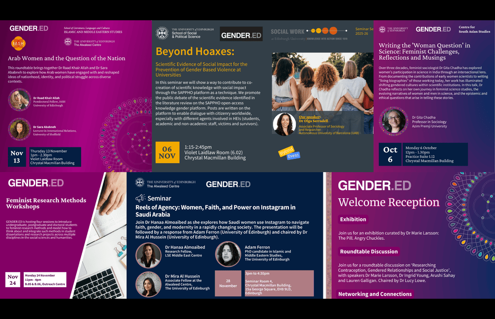 Collage of publicity material for GENDER.ED events from 2025.