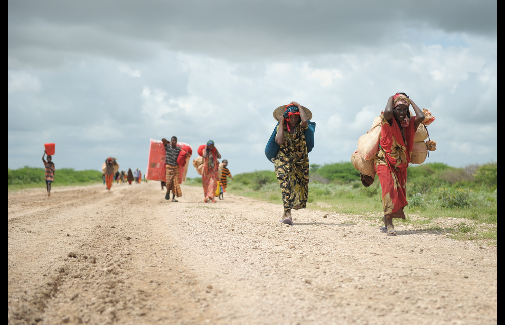 Women, walking with what possesions they can carry, arrive in a steady trickle at an IDP camp erected next to an AMISOM military base near the town of Jowhar, Somalia, on November 12 2013.