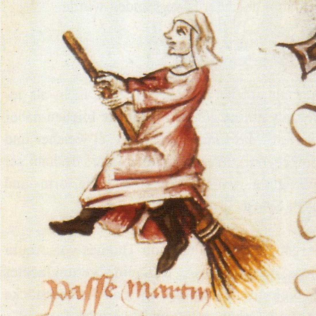 Medieval illustration of a witch on a broomstick