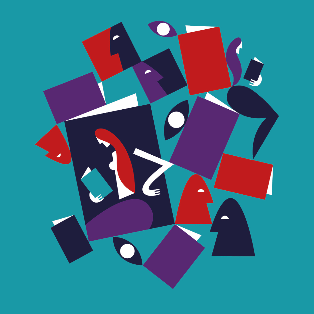 Abstract geometric illustration featuring stylized human figures composed of colorful squares, rectangles, and shapes in a minimalist design