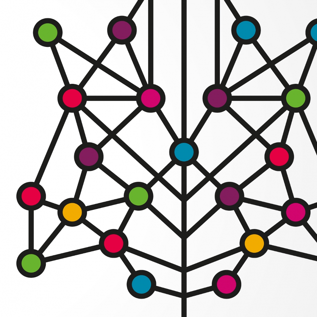 An abstract tree diagram comprising an array of colourful dots connected with straight lines