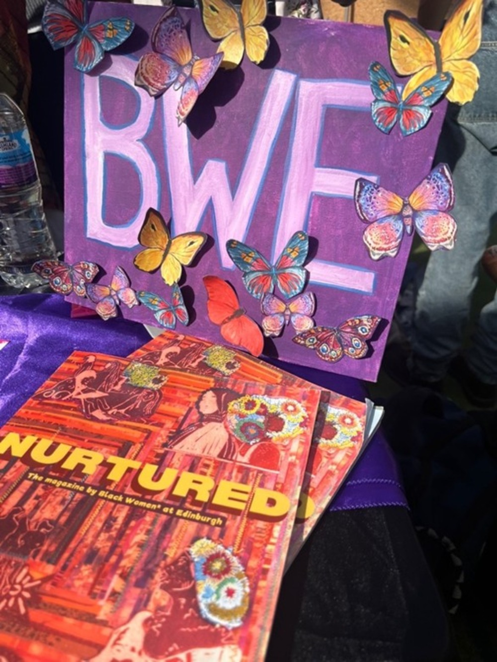 A purple sign with the white letters BWE is surrounded by images of butterflies