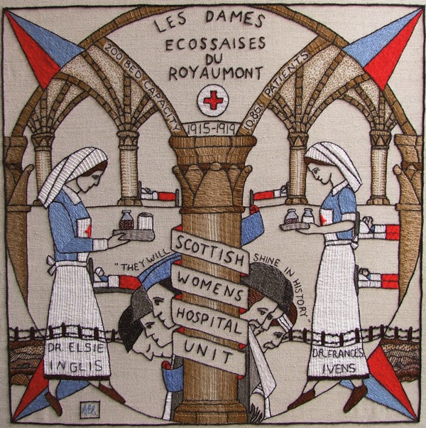 Photo of the Scottish Diaspora Tapestry. On the left side, there is a photo of a doctor carrying food or medicine. At the bottom of her dress, 'Dr Elsie Inglis' is written. On the right of the tapestry, there is another doctor carrying food or medicine. Dr Frances Ivens is written at the bottom of her dress. In the middle of the tapestry, there is a pillar wrapped with a banner that reads 'Scottish Womens Hospital Unit'. Behind the pillar, the faces of five men are showing. They look injured or ill. Above the faces of the men, it reads, 'They will shine in history.' 