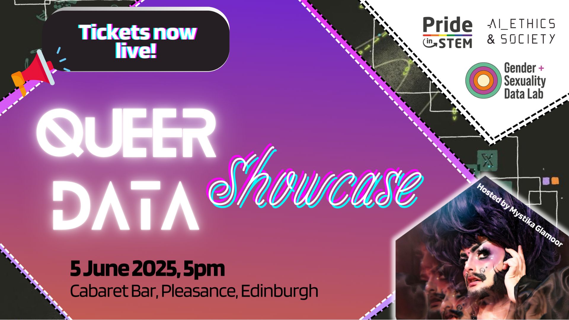 Poster for the Queer Data Showcase. The poster reads: Queer Data Showcase: 5 June 2025, 5PM, Cabaret Bar, Pleasance, Edinburgh. At the bottom right corner, there is a photo of Mystika Glamoor. 