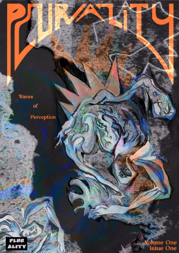 The Front cover of Plurality Journal's first published issuue. The cover is an abstract piece that features two creatures.
