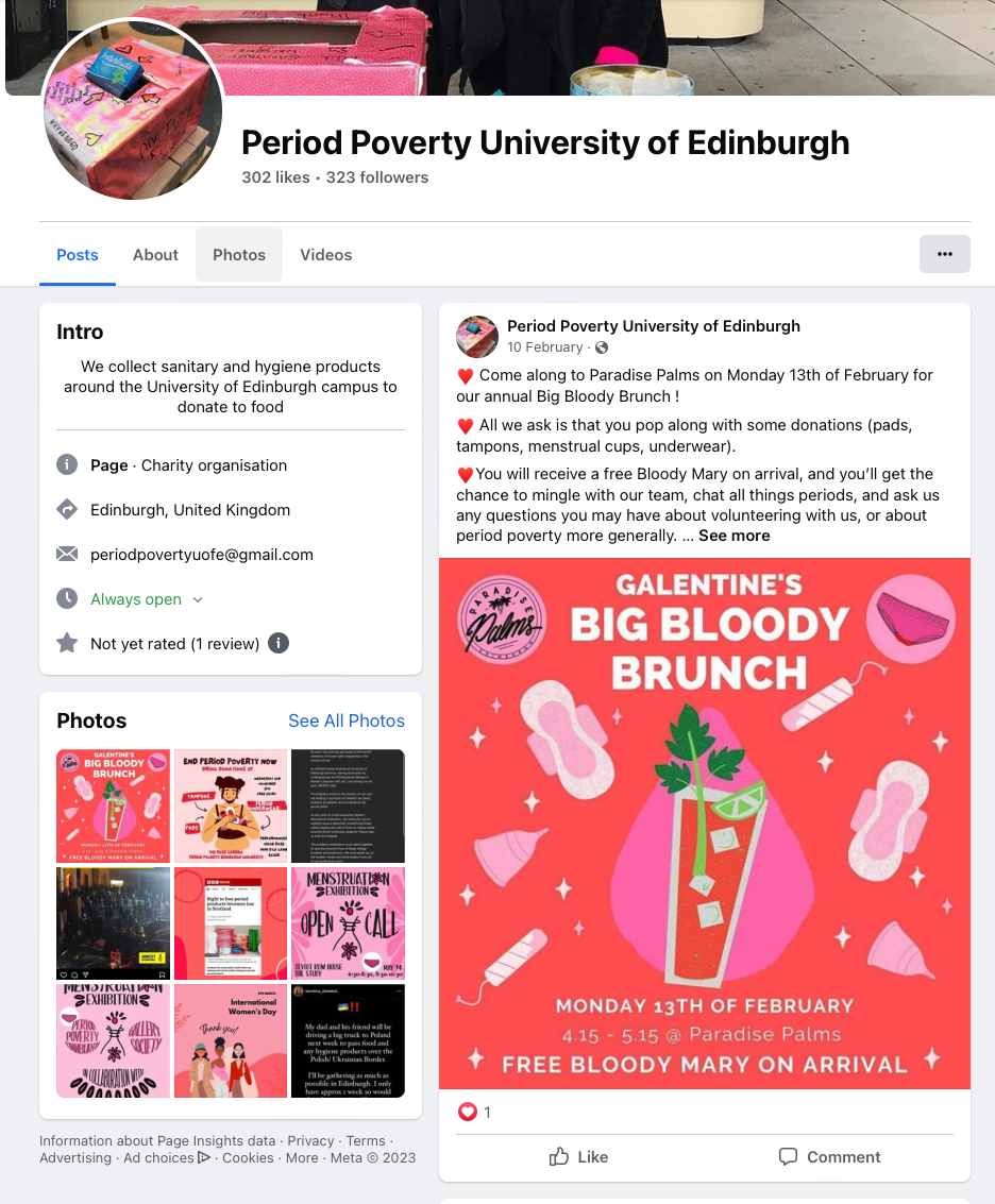 screenshot of the Period Poverty University of Edinburgh Facebook page