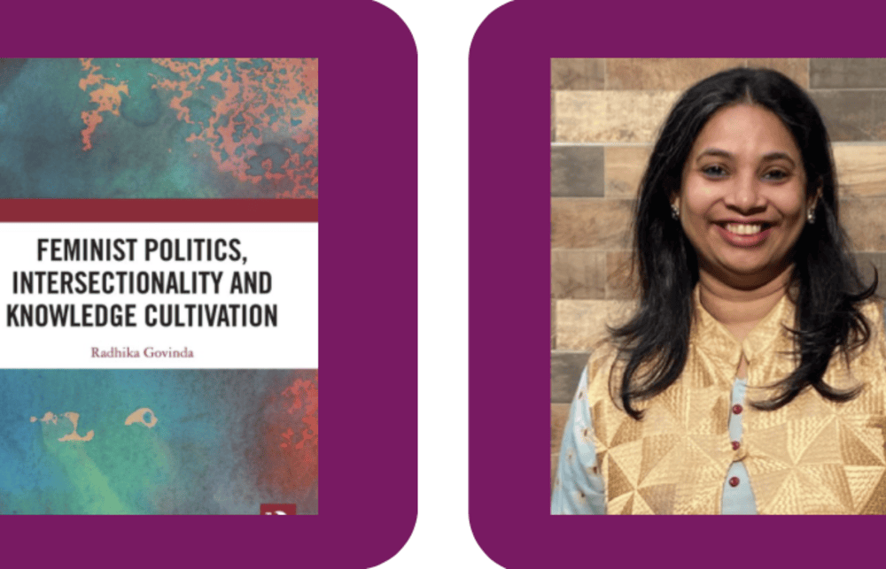 Split between Prof. Rukmini Sen and cover of Feminist Politics, Intersectionality and Knowledge Cultivation.