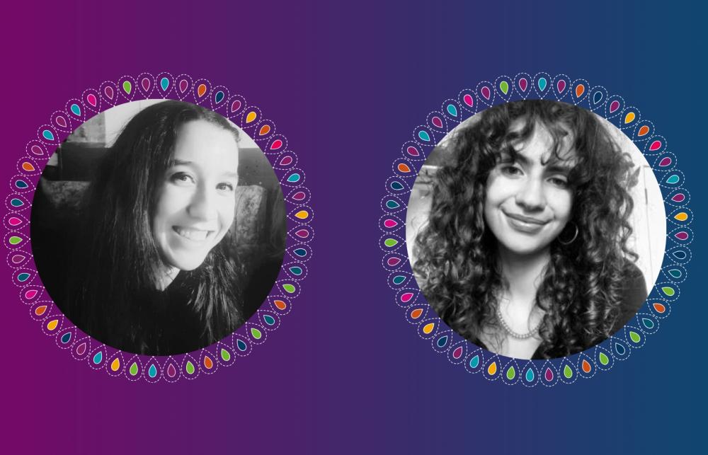 A photo featurng a headshot of former GENDER.ED Interns, Maéva Thibeault and Mouna Chatt. Each of their photos are surrounded by a colorful frame. 