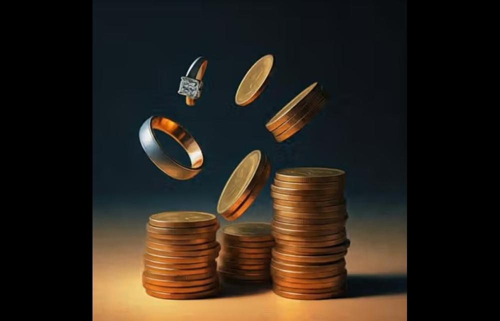 AI-generated image of a wedding ring scattering amid a stack of coins