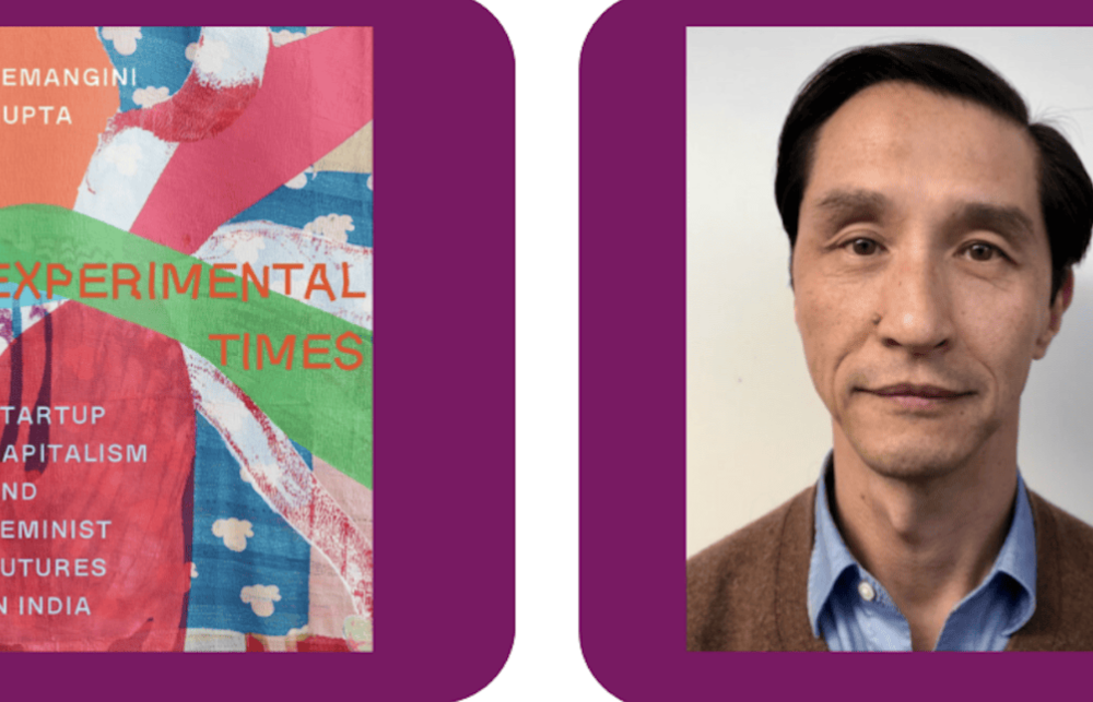 Purple screen split between Dr Alex Taylor and the cover image of Experimental Times