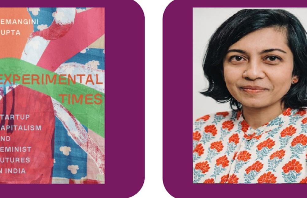Purple screen split between Dr Hemangini Gupta and the cover image of Experimental Times